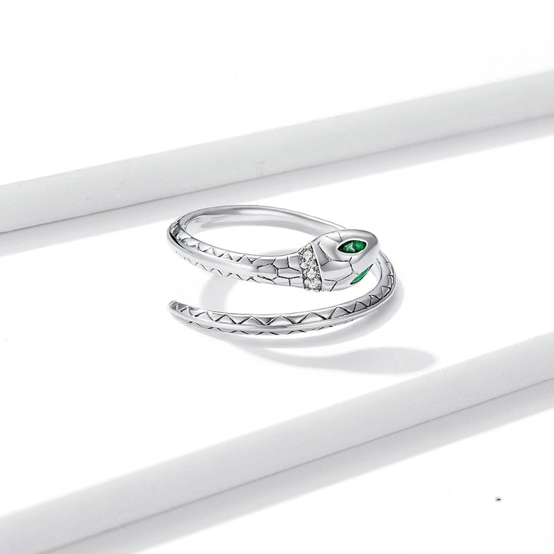 Bague Serpent en argent 925 plaqué or blanc ajustable avec zircons blancs et verts - Photo 4