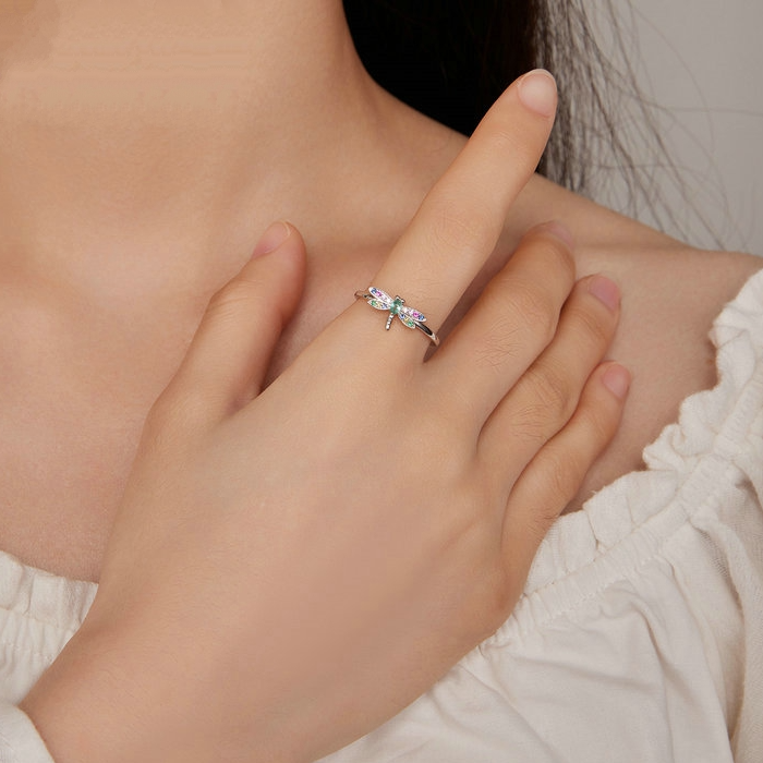 Bague Libellule en argent 925 plaqué or blanc ajustable avec zircons colorés - Photo 2