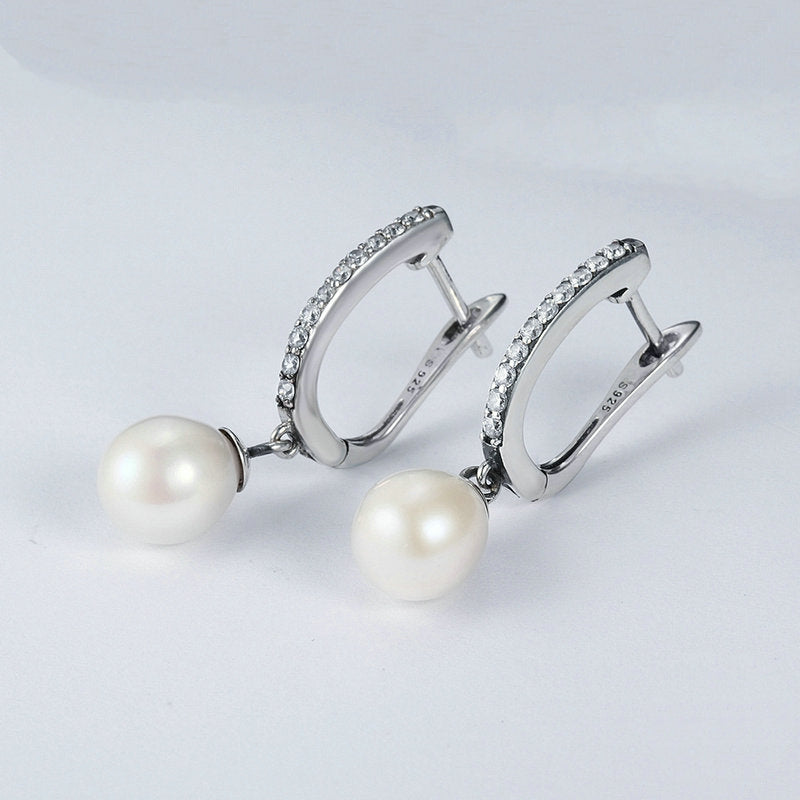 Boucles d’Oreilles Créoles Pendentif Perles en argent 925 plaqué or blanc avec zircons blancs - Photo 3