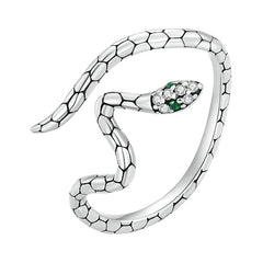 Bague Serpent en argent 925 plaqué or blanc ajustable avec zircons blancs et verts