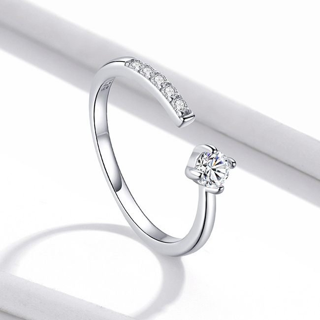 Bague Solitaire en argent 925 plaqué or blanc ajustable avec zircons blancs - Photo 4
