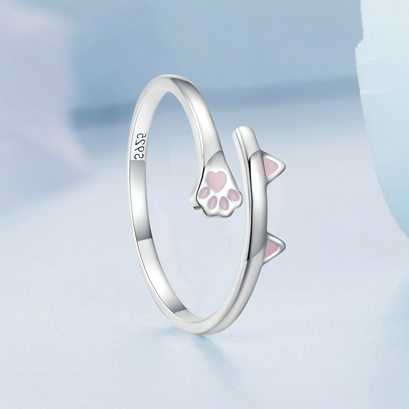Bague Chat en argent 925 plaqué or blanc ajustable émaillé rose - Photo 5