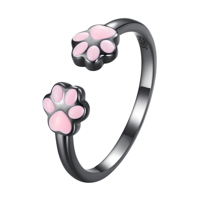 Bague Pattes de Chat Argent Sterling 925 plaqué noir émaillé rose – ajustable