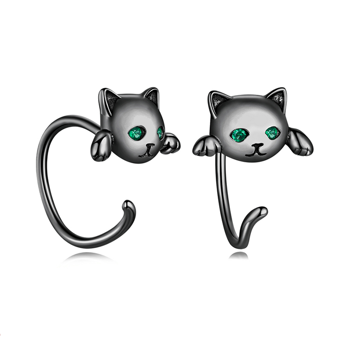 Boucles d’Oreilles Chat Noir Argent Sterling 925 plaqué noir - Photo 4