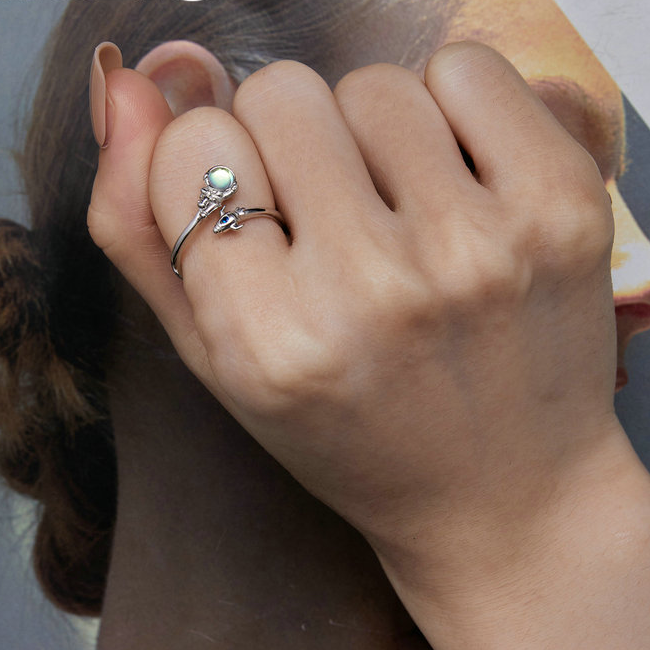 Bague Astronaute en argent 925 plaqué or blanc ajustable avec pierre de lune - Photo 2