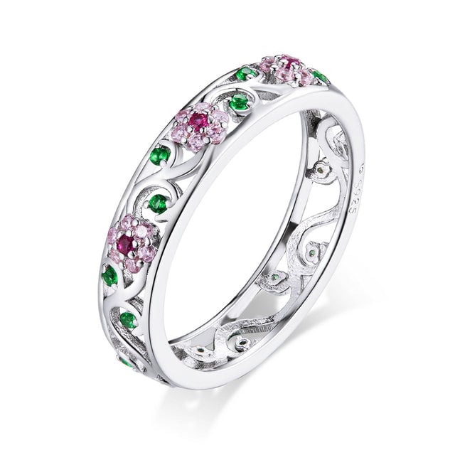 Bague Fleurs en argent 925 plaqué or blanc avec zircons colorés - Photo 2