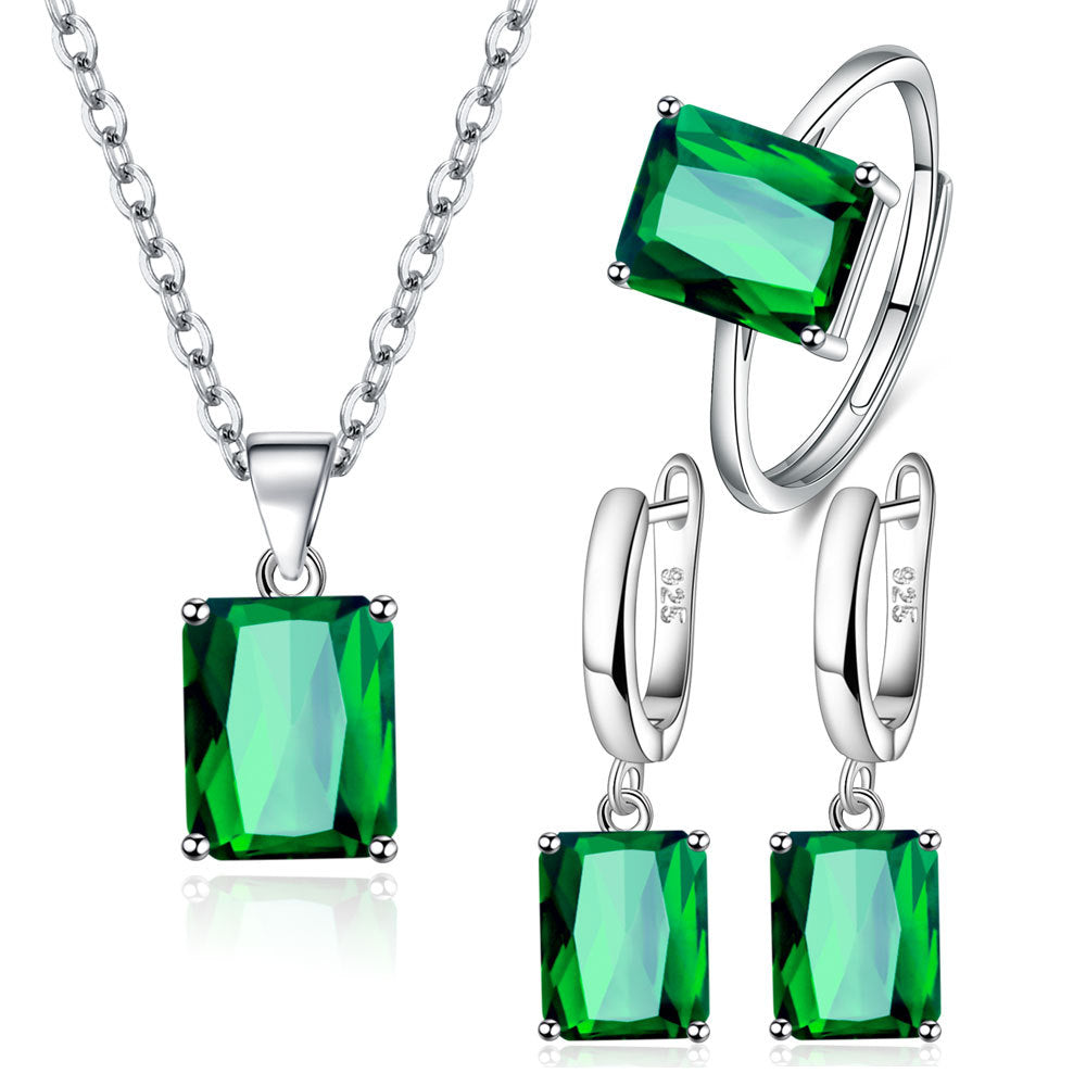 Parure de Bijoux Argent Sterling 925 plaqué or blanc avec collier, boucles d’oreilles et bague ajustable avec zircons verts