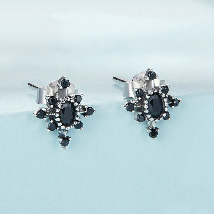 Boucles d’Oreilles Étoiles Noires Puces en Argent Sterling 925 plaqué or blanc avec zircons noirs - Photo 4