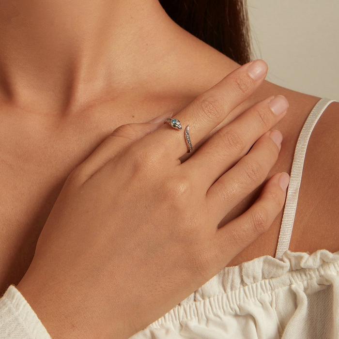 Bague Serpent en argent 925 plaqué or blanc ajustable aver zircons blancs et verts et bleu - Photo 2