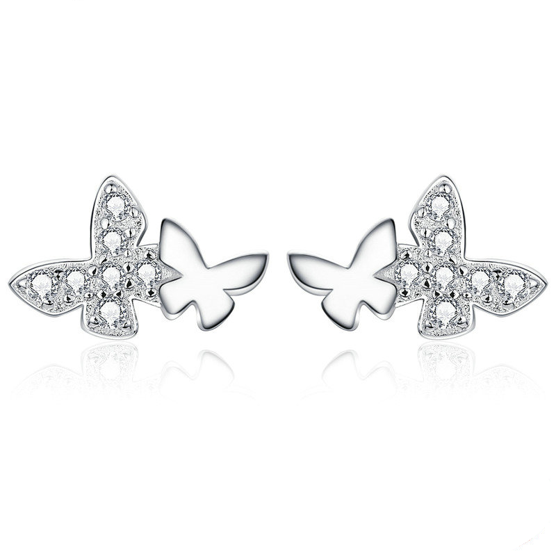 Boucles d’Oreilles Papillons Brillants Puces en Argent Sterling 925 plaqué or blanc avec des zircons blancs