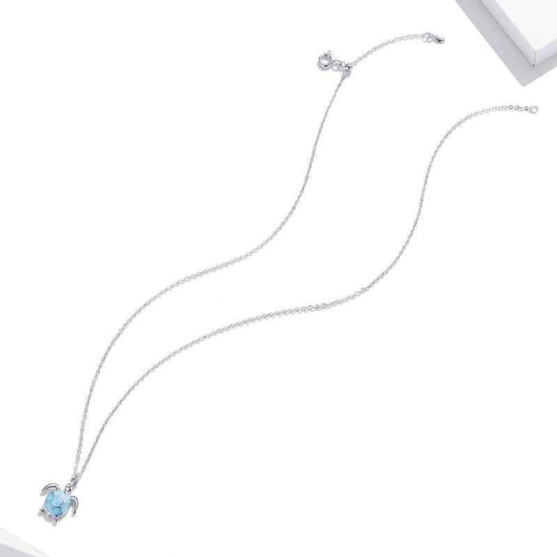 Collier Tortue en argent 925 plaqué or blanc ajustable avec pendentif émaillé turquoise - Photo 5