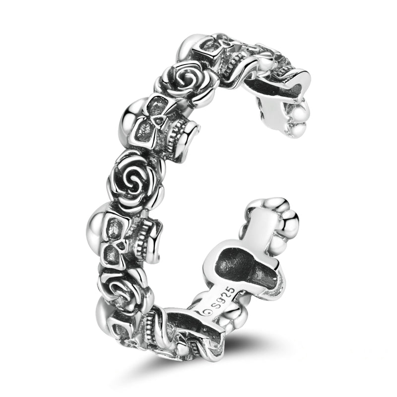 Bague Crânes et Roses en argent 925 plaqué or blanc ajustable