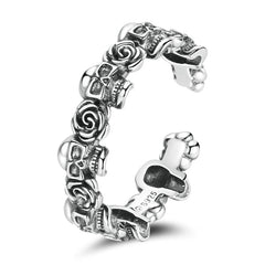 Bague Crânes et Roses en argent 925 plaqué or blanc ajustable