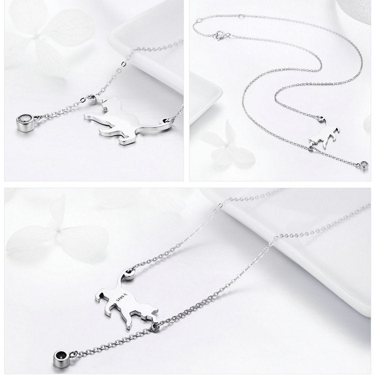 Collier Chat Jouant en argent 925 plaqué or blanc avec pendentif lumineux et zircon blanc - Photo 4