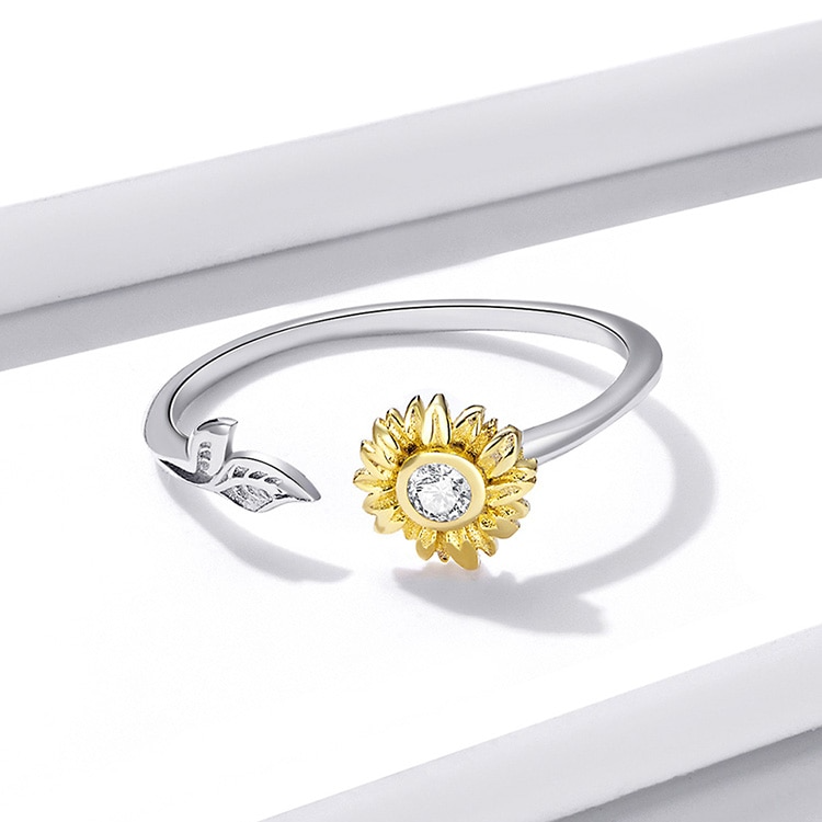 Bague Tournesol en argent 925 plaqué or blanc ajustable avec pétales plaqués or jaune et zircon blanc - Photo 4