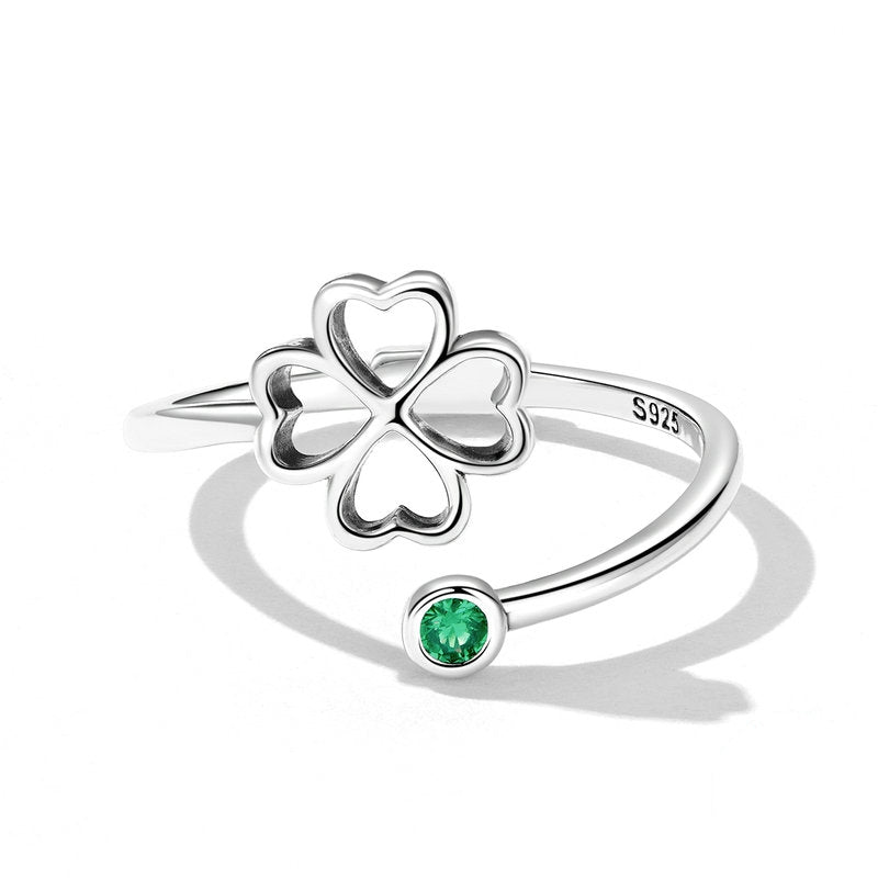 Bague Trèfle à Quatre Feuilles en argent 925 plaqué or blanc ajustable avec zircon vert - Photo 3