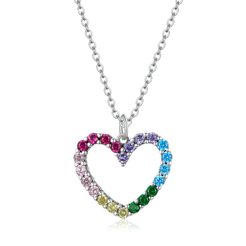 Collier Coeur Arc-en-Ciel en argent 925 plaqué or blanc ajustable avec zircons colorés
