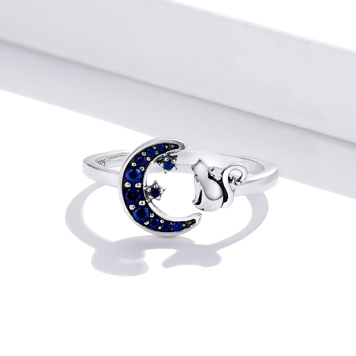 Bague Chat avec Lune en argent 925 plaqué or blanc ajustable avec zircons bleus - Photo 4