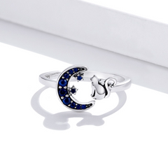 Bague Chat avec Lune en argent 925 plaqué or blanc ajustable avec zircons bleus - Photo 4