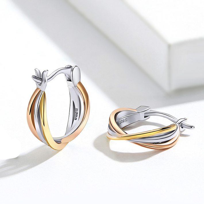 Boucles d’Oreilles Créoles Trois Ors en argent 925 plaqué or blanc et or rose et or jaune - Photo 4