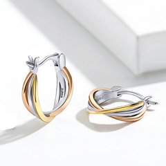 Boucles d’Oreilles Créoles Trois Ors en argent 925 plaqué or blanc et or rose et or jaune - Photo 4