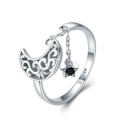 Bague Lune et Étoile en argent 925 plaqué or blanc ajustable avec chaîne et zircon noir