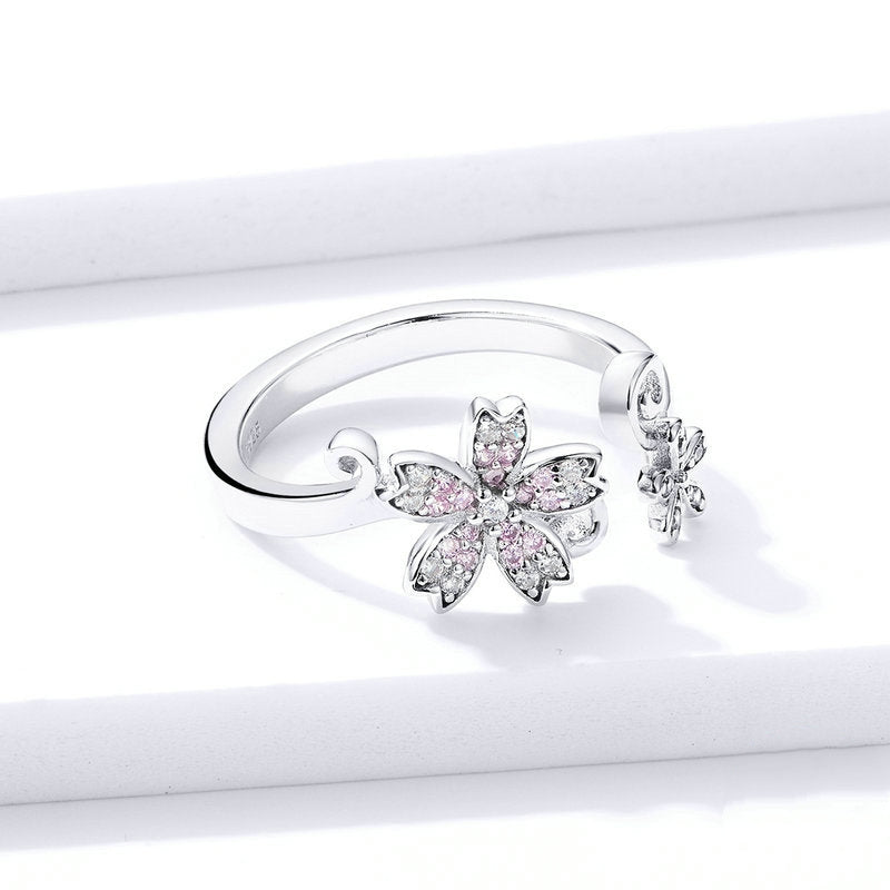 Bague Fleur de Cerisier en argent 925 plaqué or blanc ajustable avec zircons blancs et roses - Photo 4