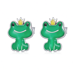 Boucles d’Oreilles Grenouille Verte Puces en Argent Sterling 925 plaqué or blanc émaillé vert avec prince grenouille