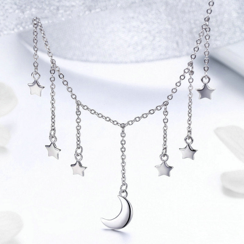Collier Lune et Étoiles en argent 925 plaqué or blanc ajustable - Photo 3