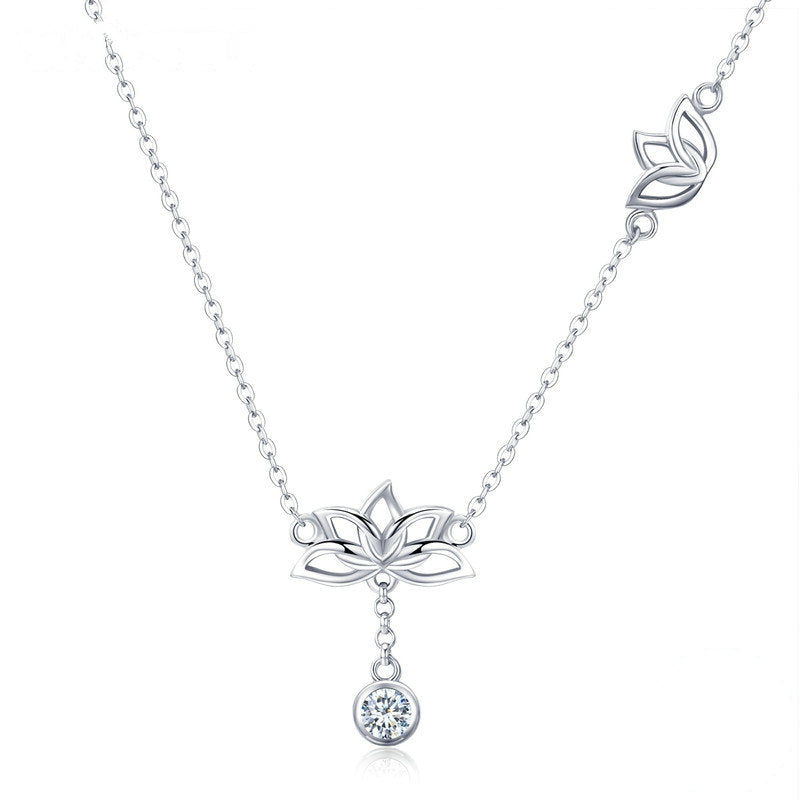 Collier Fleurs de Lotus en argent 925 plaqué or blanc ajustable avec zircon blanc