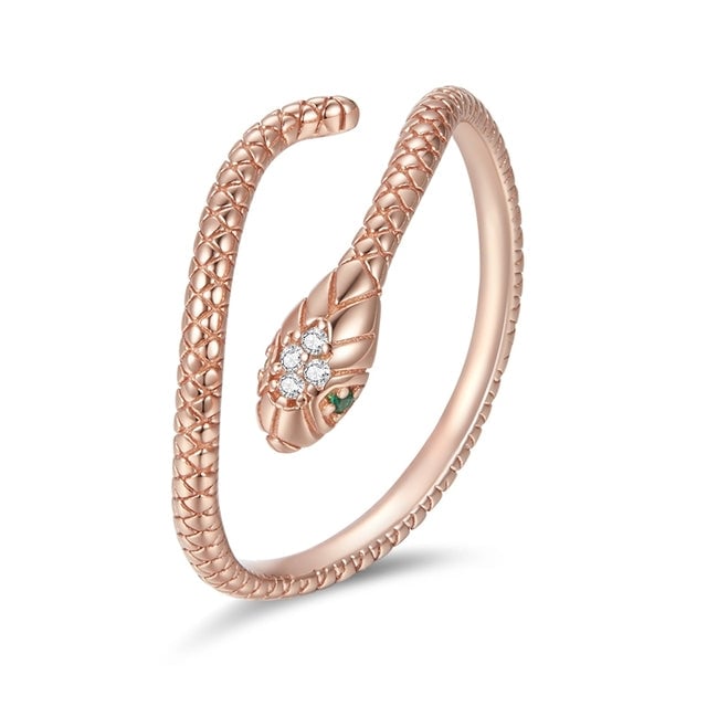 Bague Serpent Cobra Royal en argent 925 plaqué or rose ajustable avec pavé de zircons blancs et verts