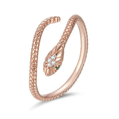 Bague Serpent Cobra Royal en argent 925 plaqué or rose ajustable avec pavé de zircons blancs et verts