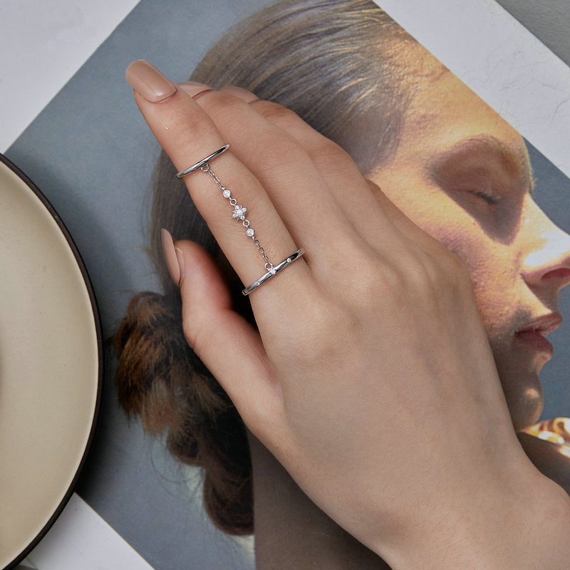 Bague Bouble avec Chaîne en argent 925 plaqué or blanc ajustable avec zircons blancs - Photo 5