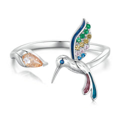 Bague Colibri en argent 925 plaqué or blanc ajustable avec zircons colorés
