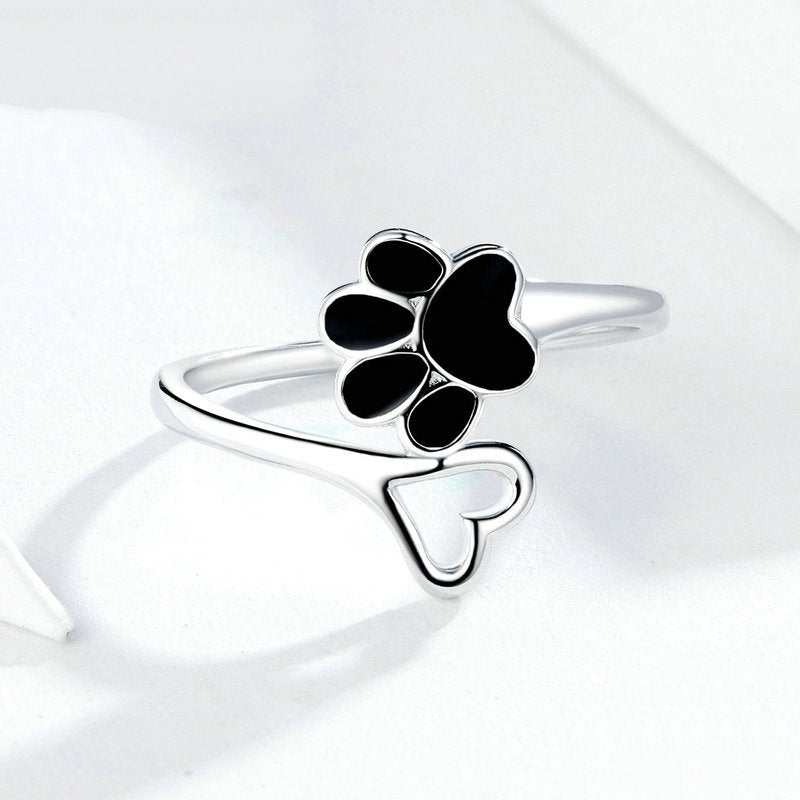 Bague Patte avec Coeur en argent 925 plaqué or blanc ajustable avec patte émaillée noire - Photo 4