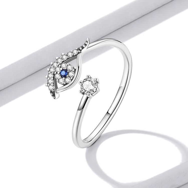 Bague Oeil de Protection en argent 925 plaqué or blanc ajustable avec zircons blancs et bleu - Photo 3