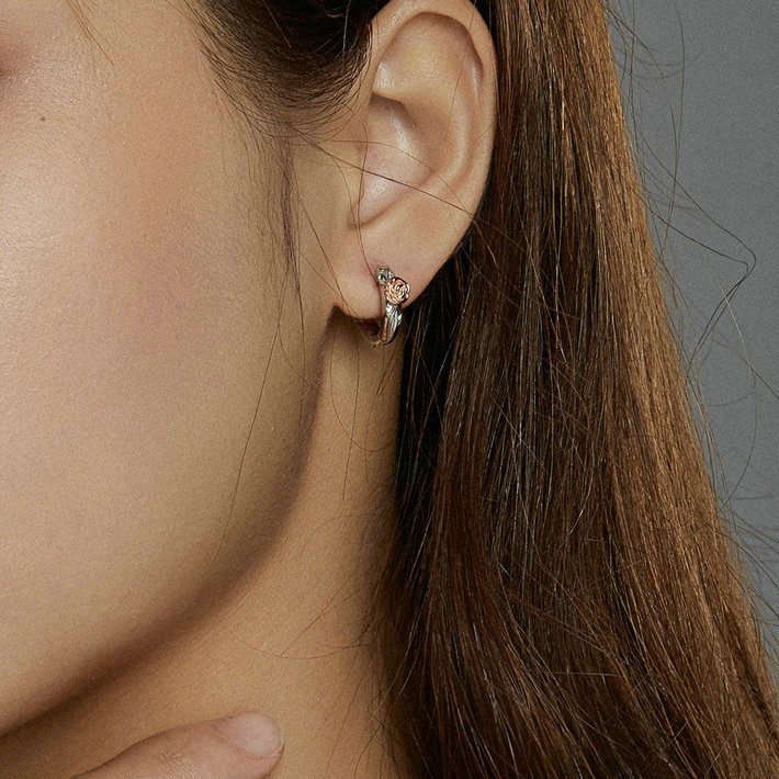 Boucles d’Oreilles Créoles Roses en argent 925 plaqué or blanc et or rose - Photo 2