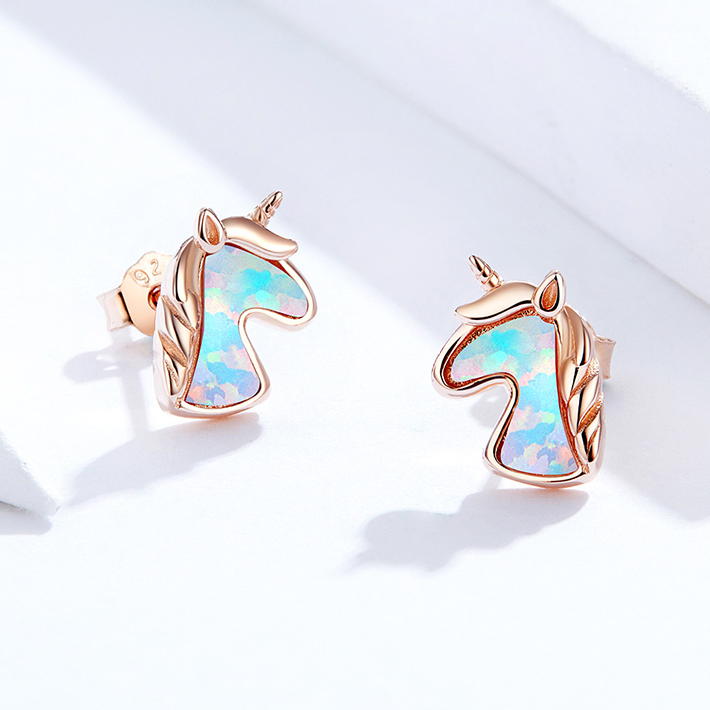 Boucles d’Oreilles Licorne avec Opales Puces en Argent Sterling 925 plaqué or rose avec opales - Photo 4