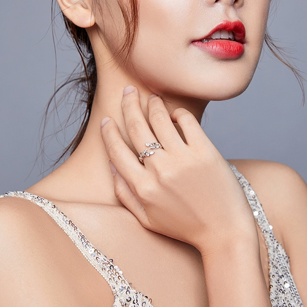 Bague Feuilles en argent 925 plaqué or blanc ajustable avec zircons blancs - Photo 6