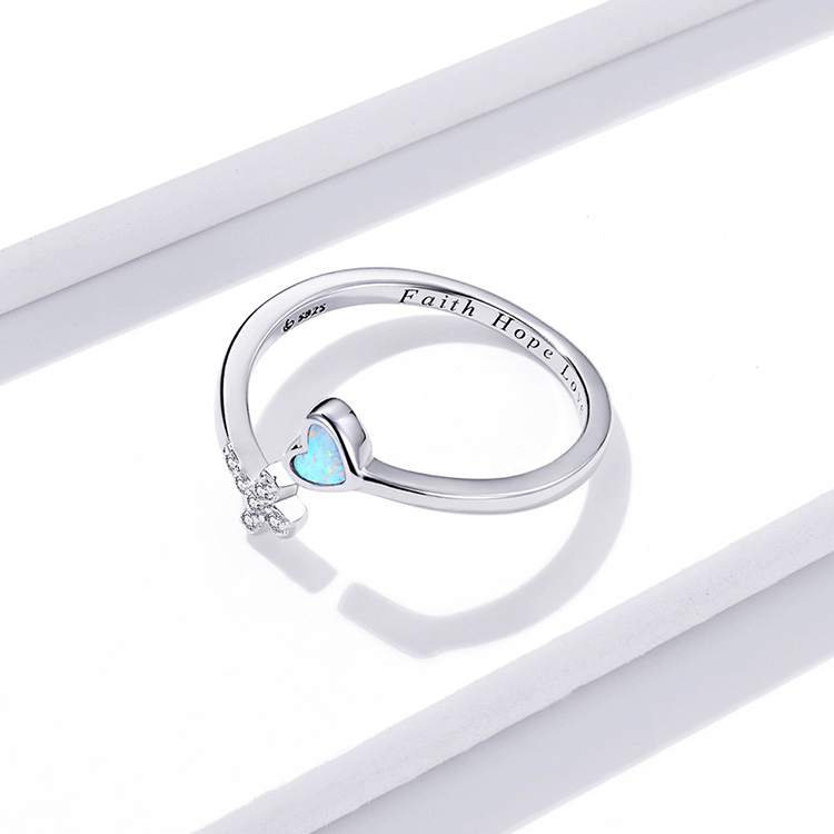 Bague Croix et Coeur en argent 925 plaqué or blanc ajustable avec zircons blancs et opale - Photo 5