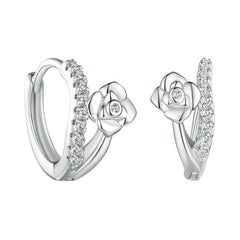 Boucles d’Oreilles Créoles Roses en argent 925 plaqué or blanc avec zircons blancs - Photo 4