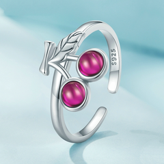 Bague Cerises Argent Sterling 925 plaqué or blanc avec rubis – ajustable - Photo 4