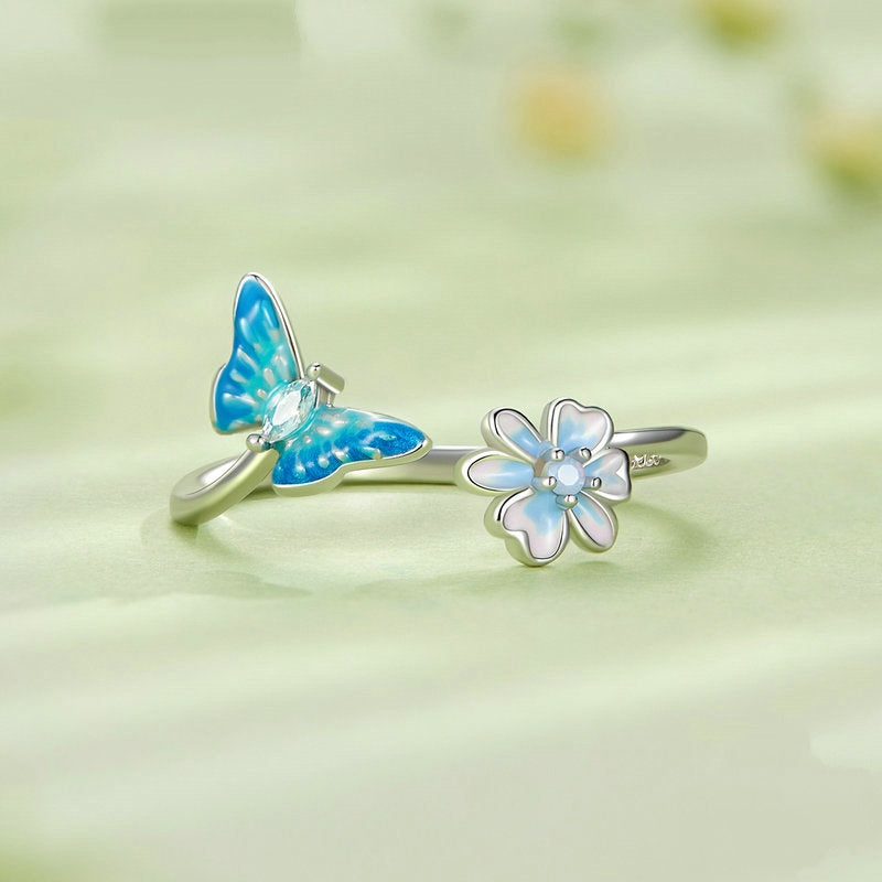 Bague Papillon avec Fleur en argent 925 plaqué or blanc ajustable émaillée à la main avec zircon bleu et opale - Photo 3