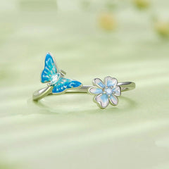 Bague Papillon avec Fleur en argent 925 plaqué or blanc ajustable émaillée à la main avec zircon bleu et opale - Photo 3