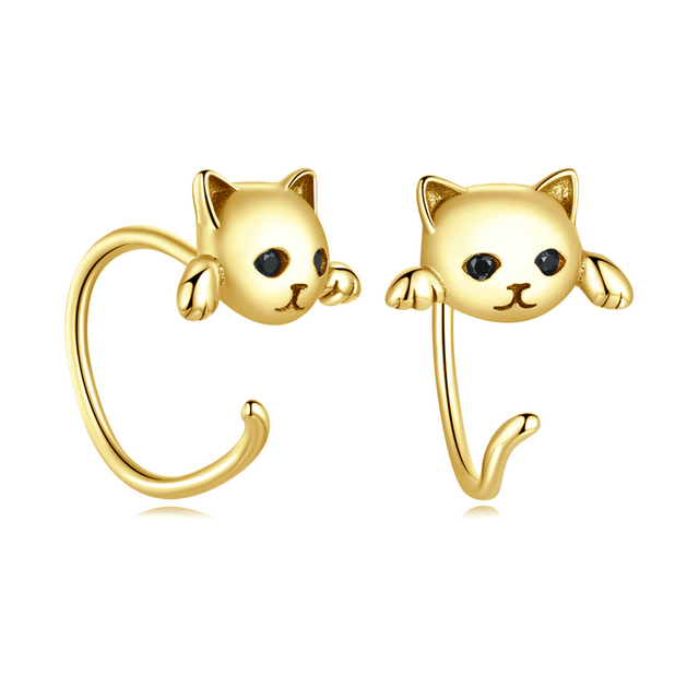 Boucles d’Oreilles Chat Argent Sterling 925 plaqué or jaune - Photo 3