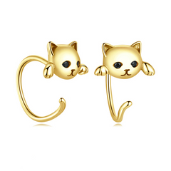 Boucles d’Oreilles Chat Argent Sterling 925 plaqué or jaune - Photo 3