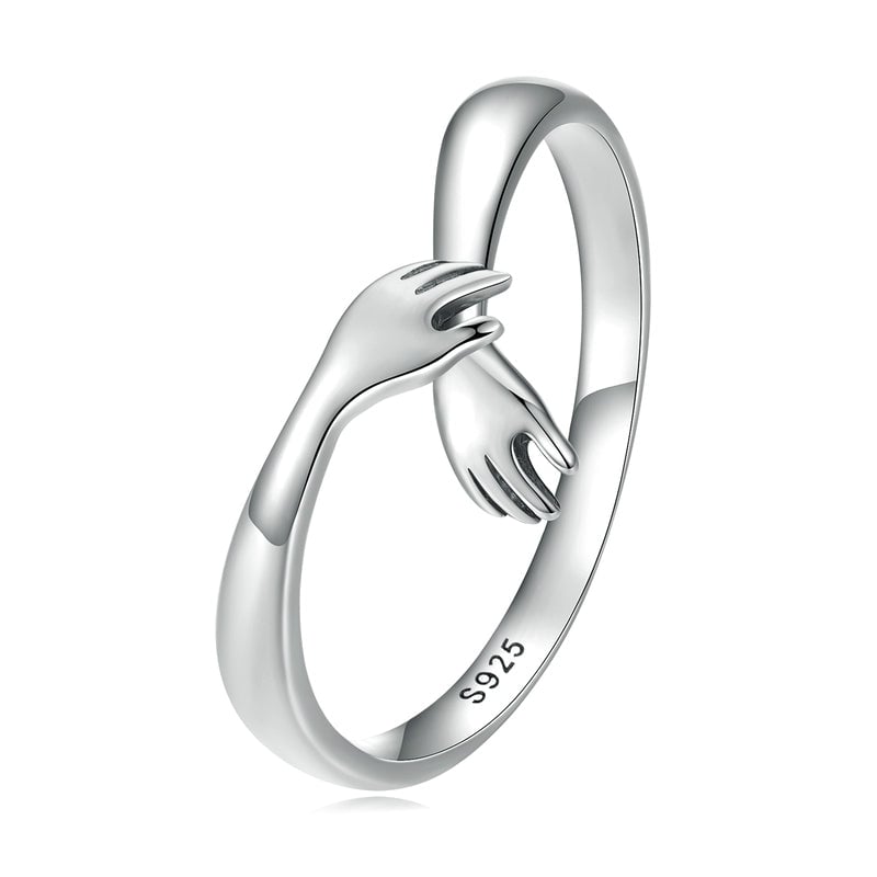 Bague Câlin en argent 925 plaqué or blanc ajustable avec étreinte et détail des mains