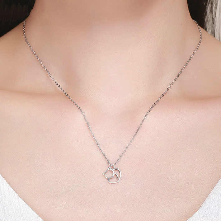 Collier Chat avec Coeur en argent 925 plaqué or blanc - Photo 2
