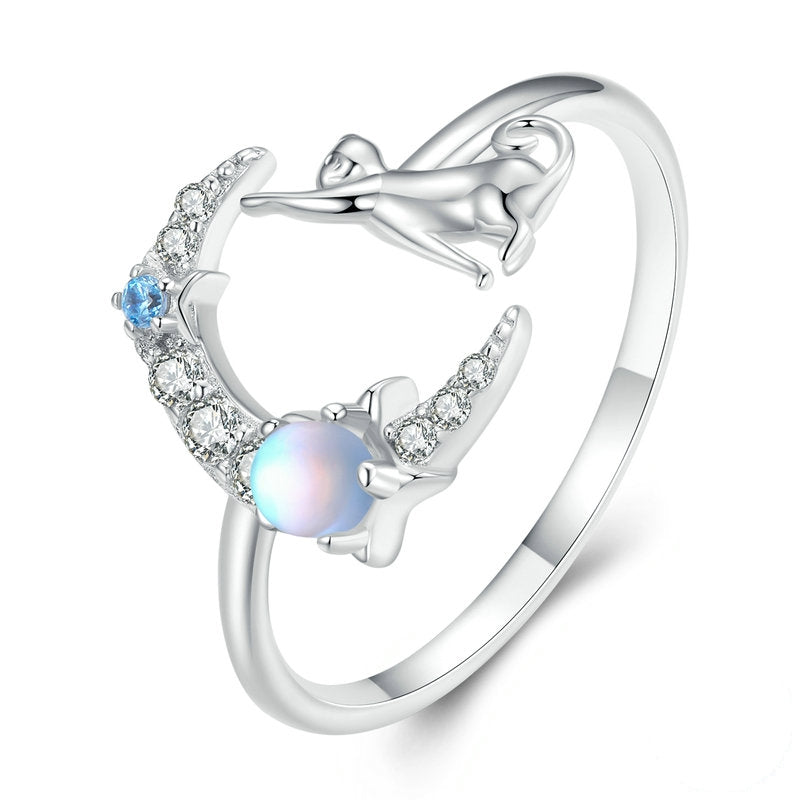 Bague Chat Lune et Étoiles en argent 925 plaqué or blanc ajustable avec pierre de lune et zircons blancs et bleus