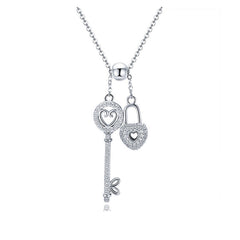 Collier Clé et Cadenas Coeur en argent 925 plaqué or blanc ajustable avec zircon blanc